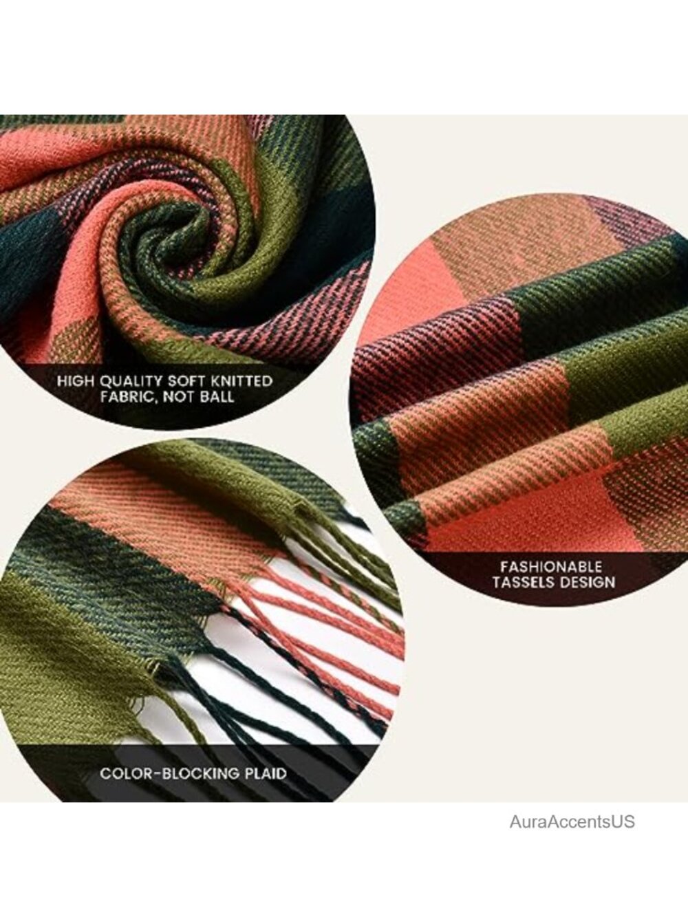 Winter Scarf for Women Plaid Tassel Shawl Wrap Acrylic - Picture 3 of 6